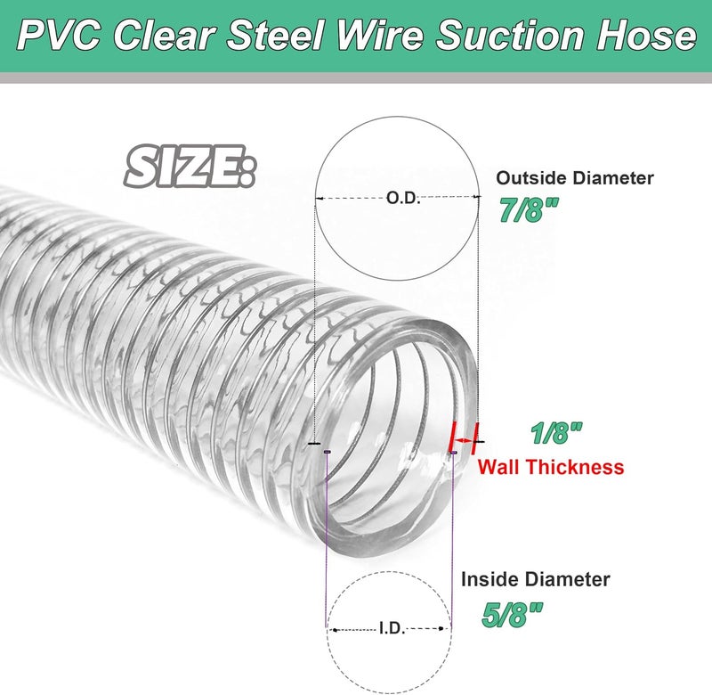 Geowaky 5/8"id-25ft PVC Reinforced Tubing Steel Wire Suction Flexible Hose Vinyl Tubing Heavy Duty PVC Vacuum Hose Drain Fuel Oil Gas Water for Marine Bilge Pump Pond Spa - Image 2